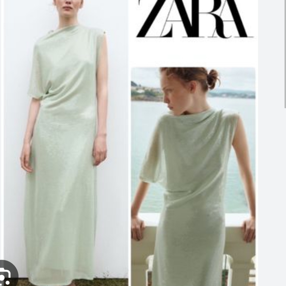 Zara Mint Green Asymmetric Sleeve Maxi Dress
